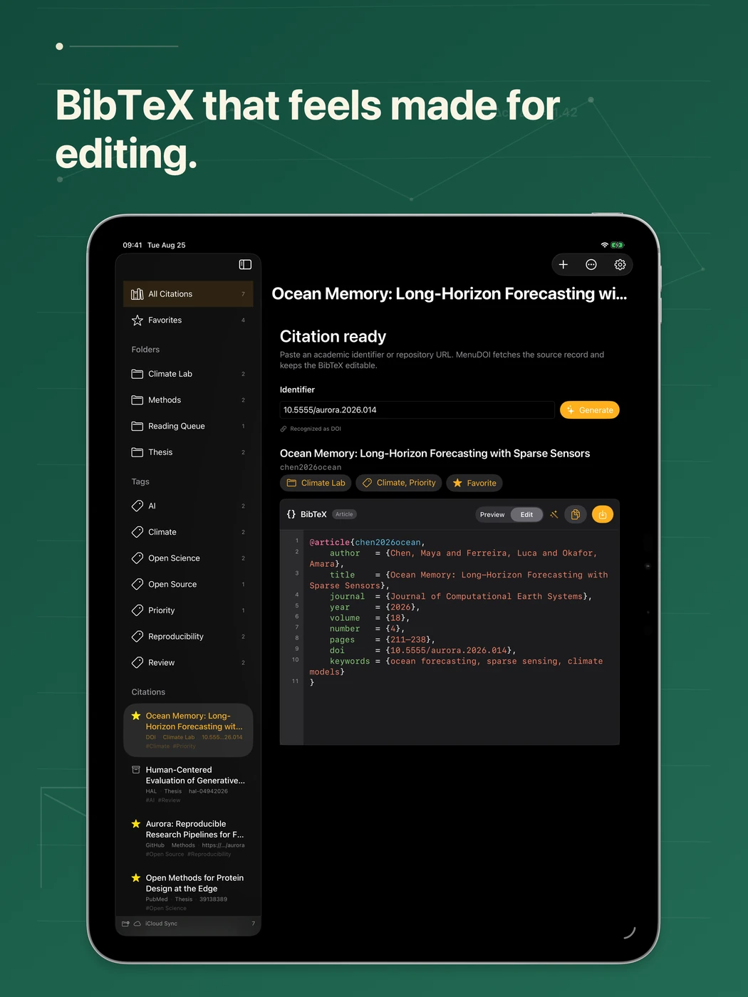 MenuDOI BibTeX editor in dark mode with line numbers and syntax colours