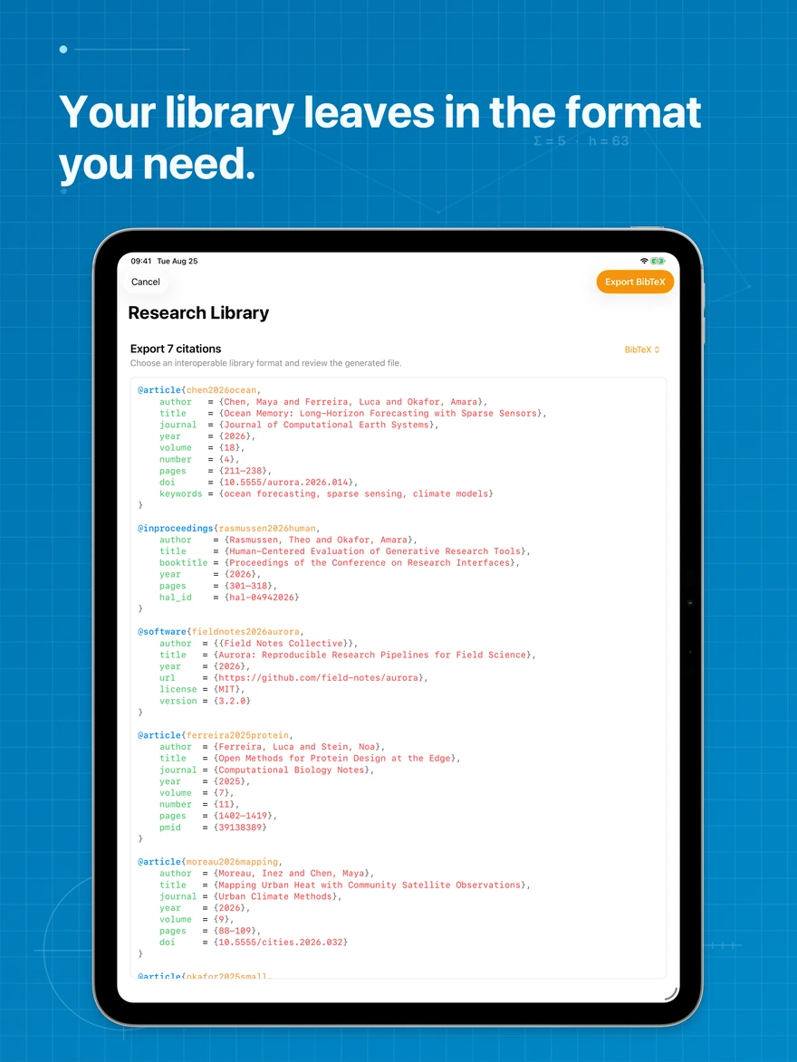 A complete BibTeX library ready to export from MenuDOI