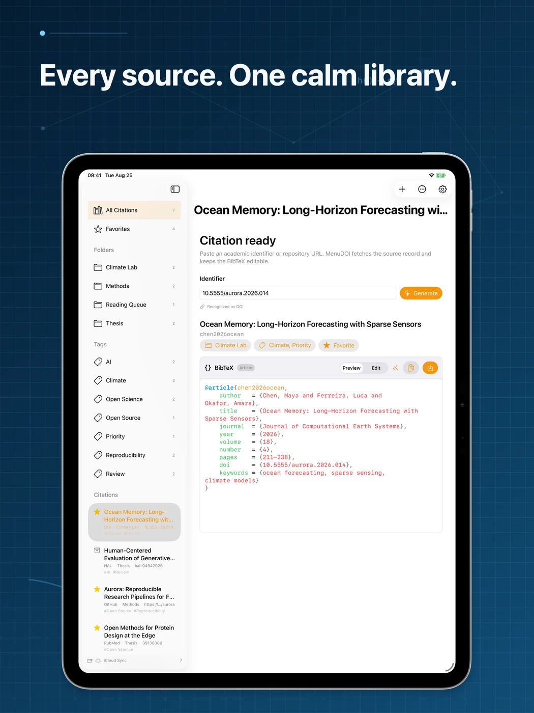 MenuDOI library on iPad with folders, tags, favourites and a selected citation