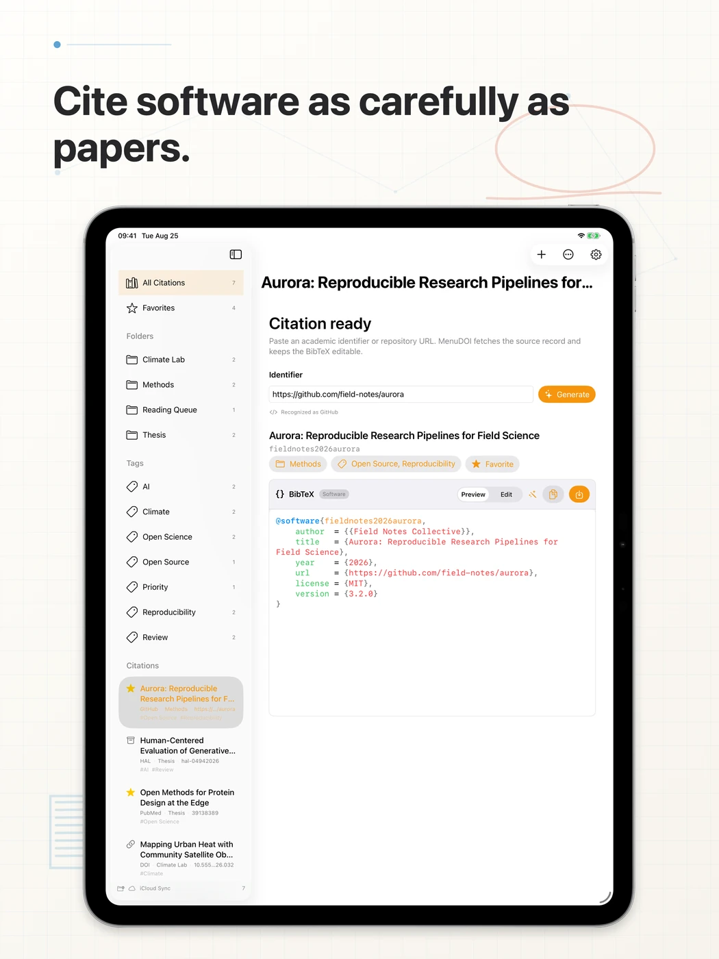 A GitHub software citation in MenuDOI on iPad