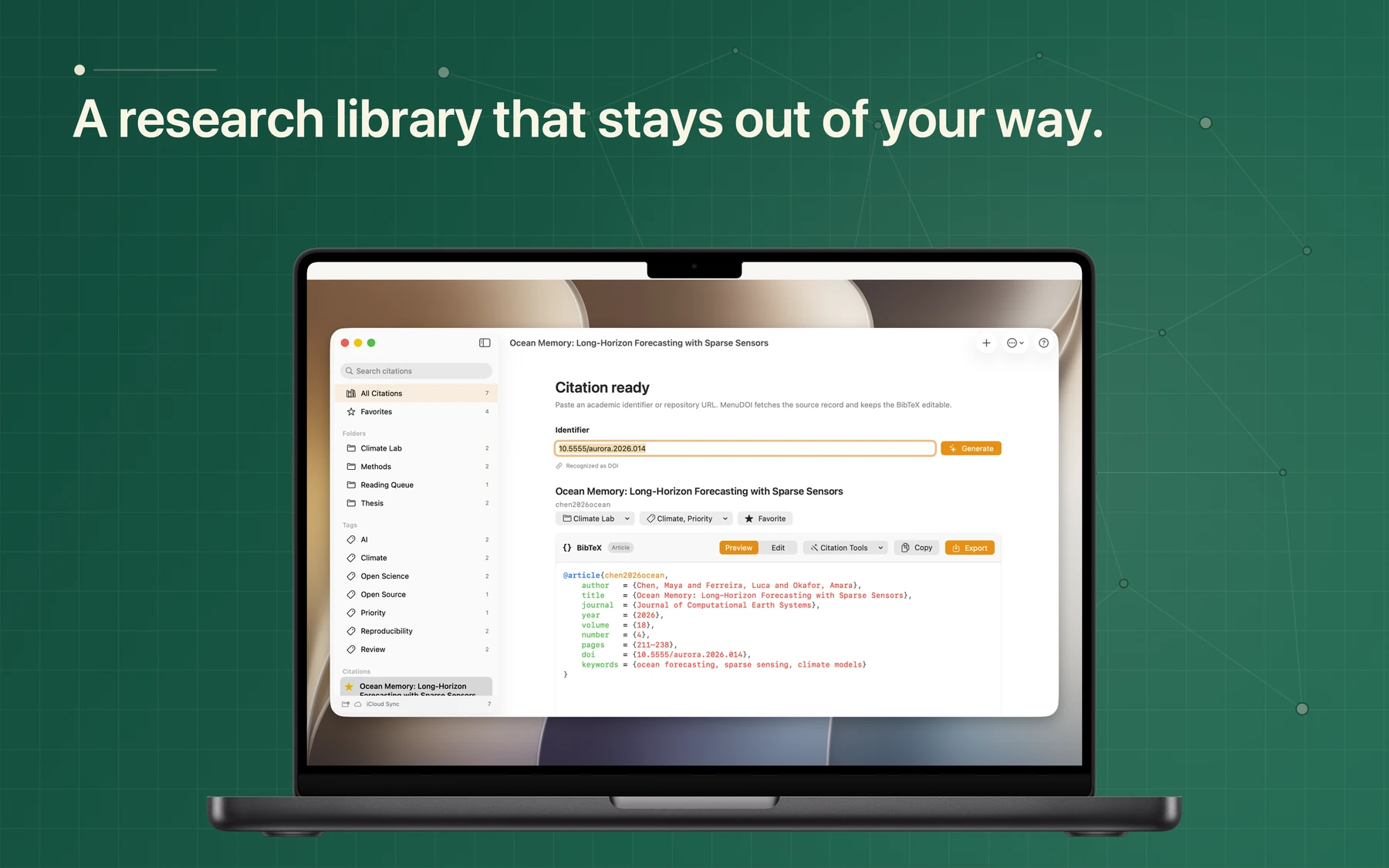 MenuDOI on a MacBook, showing a citation library with folders, tags and formatted BibTeX
